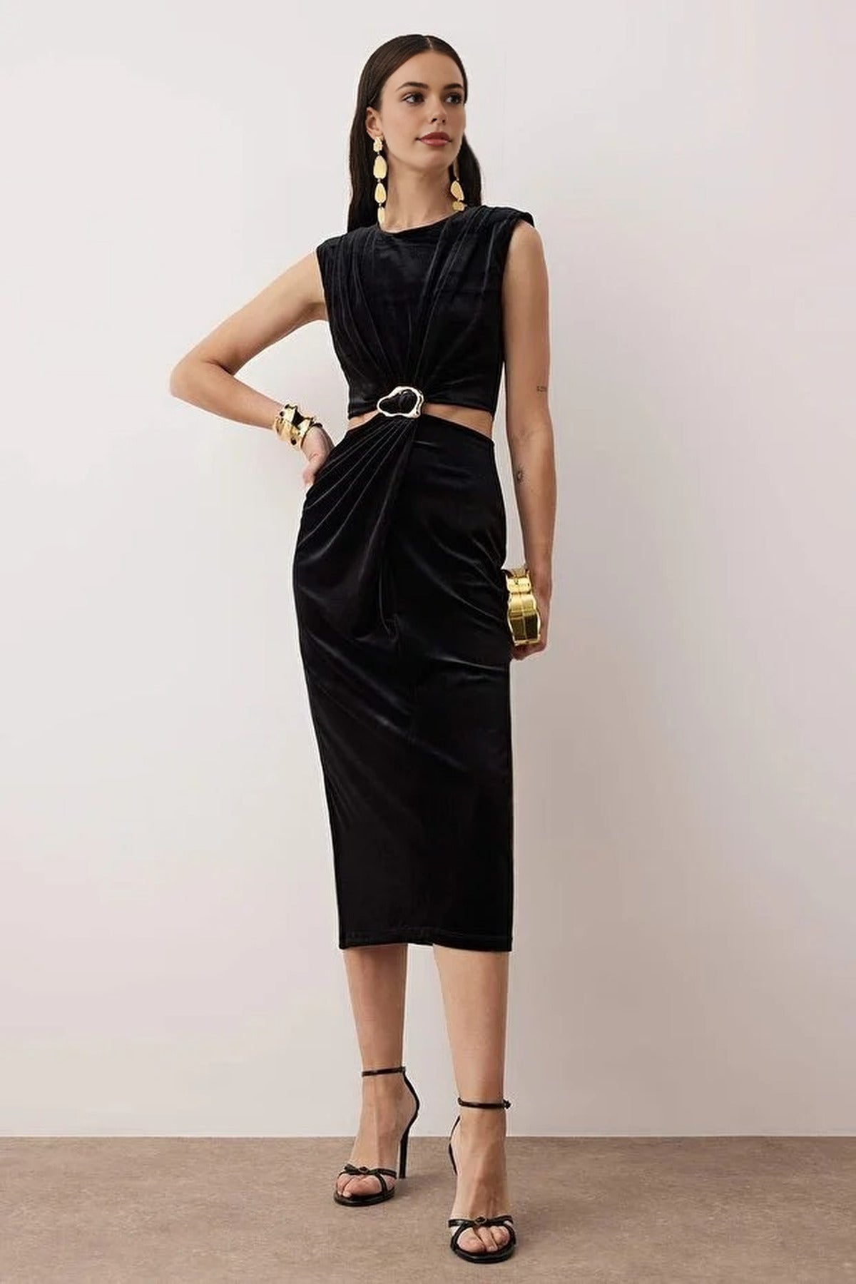 Knit Velvet Maxi Unlined Dress with Accessory Details