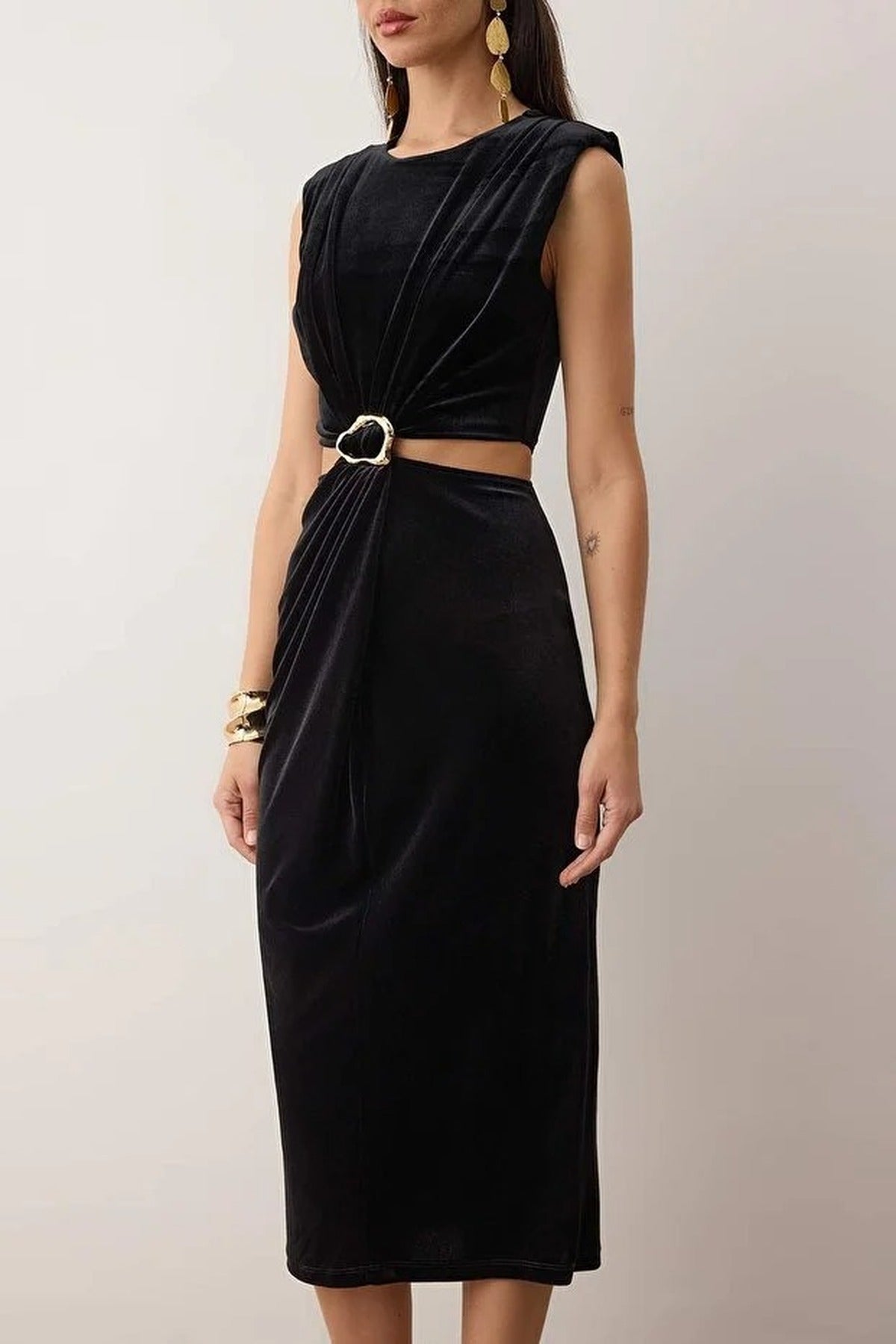 Knit Velvet Maxi Unlined Dress with Accessory Details