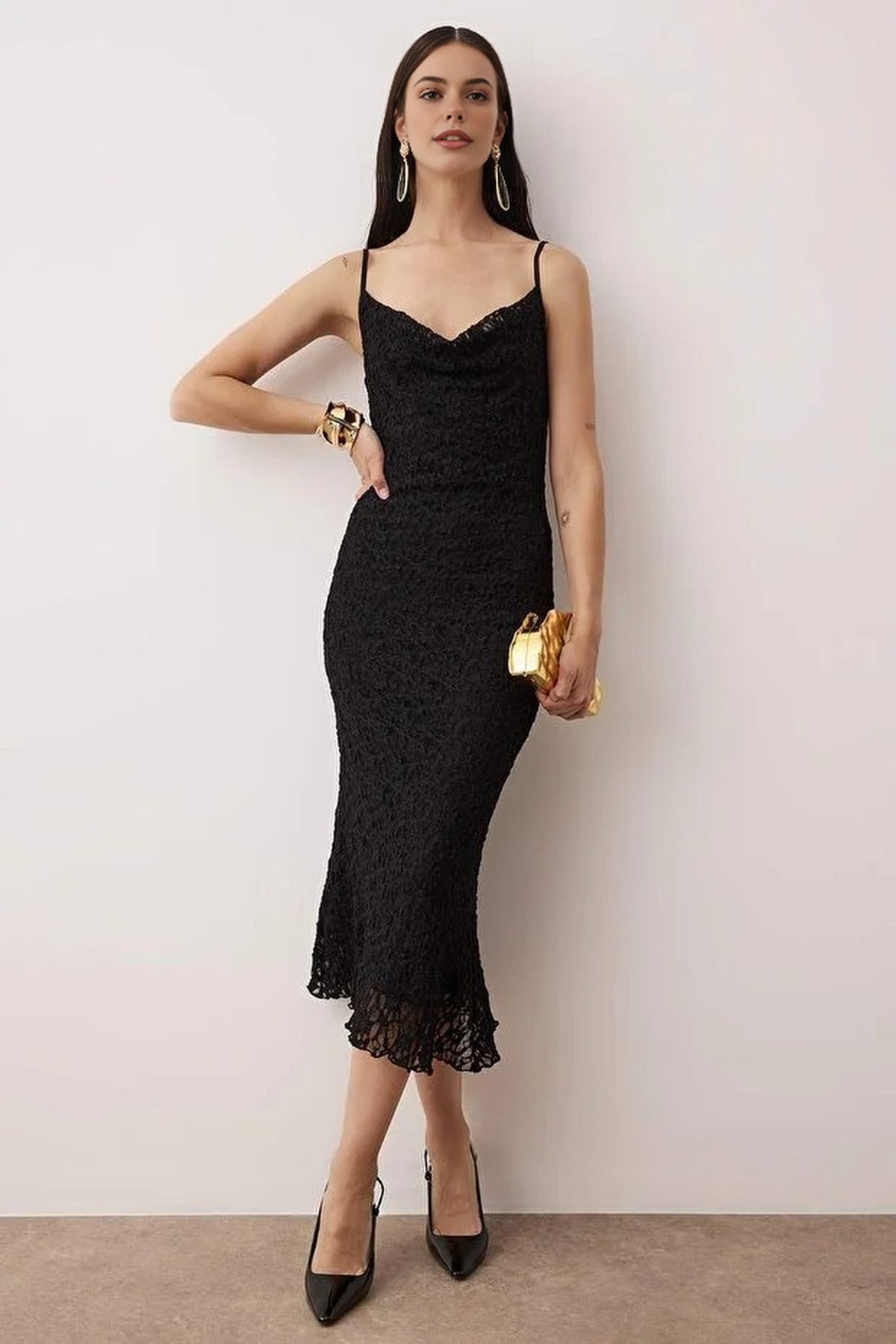 Lace Knit Midi Lined Evening Dress