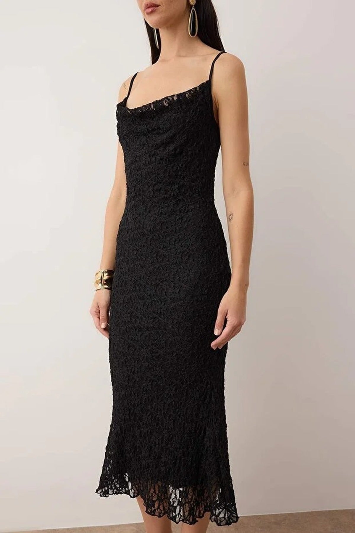 Lace Knit Midi Lined Evening Dress