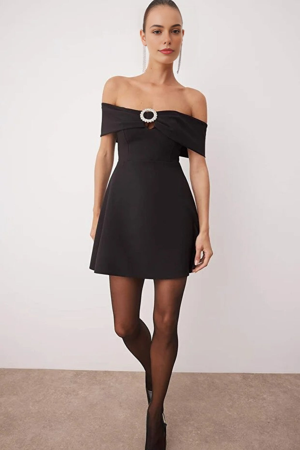 Carmen Collar Dress with Stone Accessory Detail
