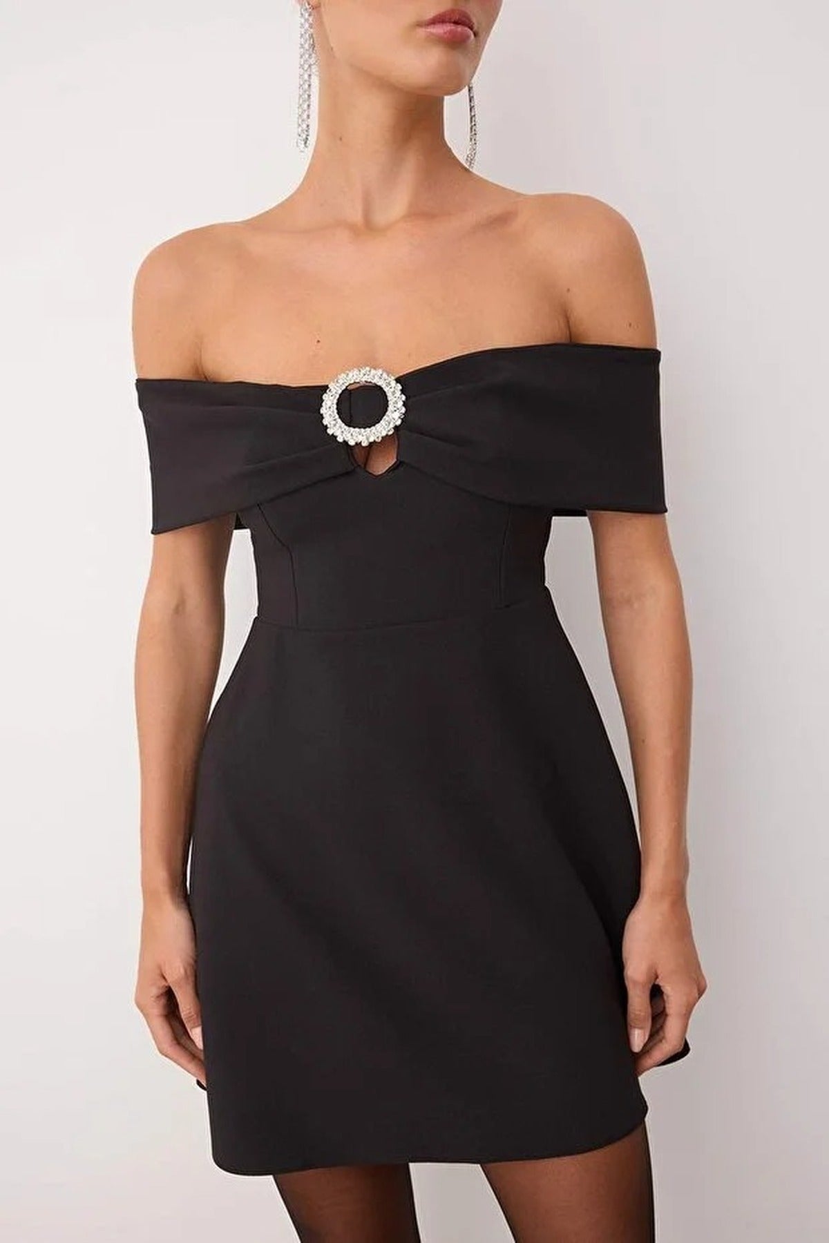 Carmen Collar Dress with Stone Accessory Detail