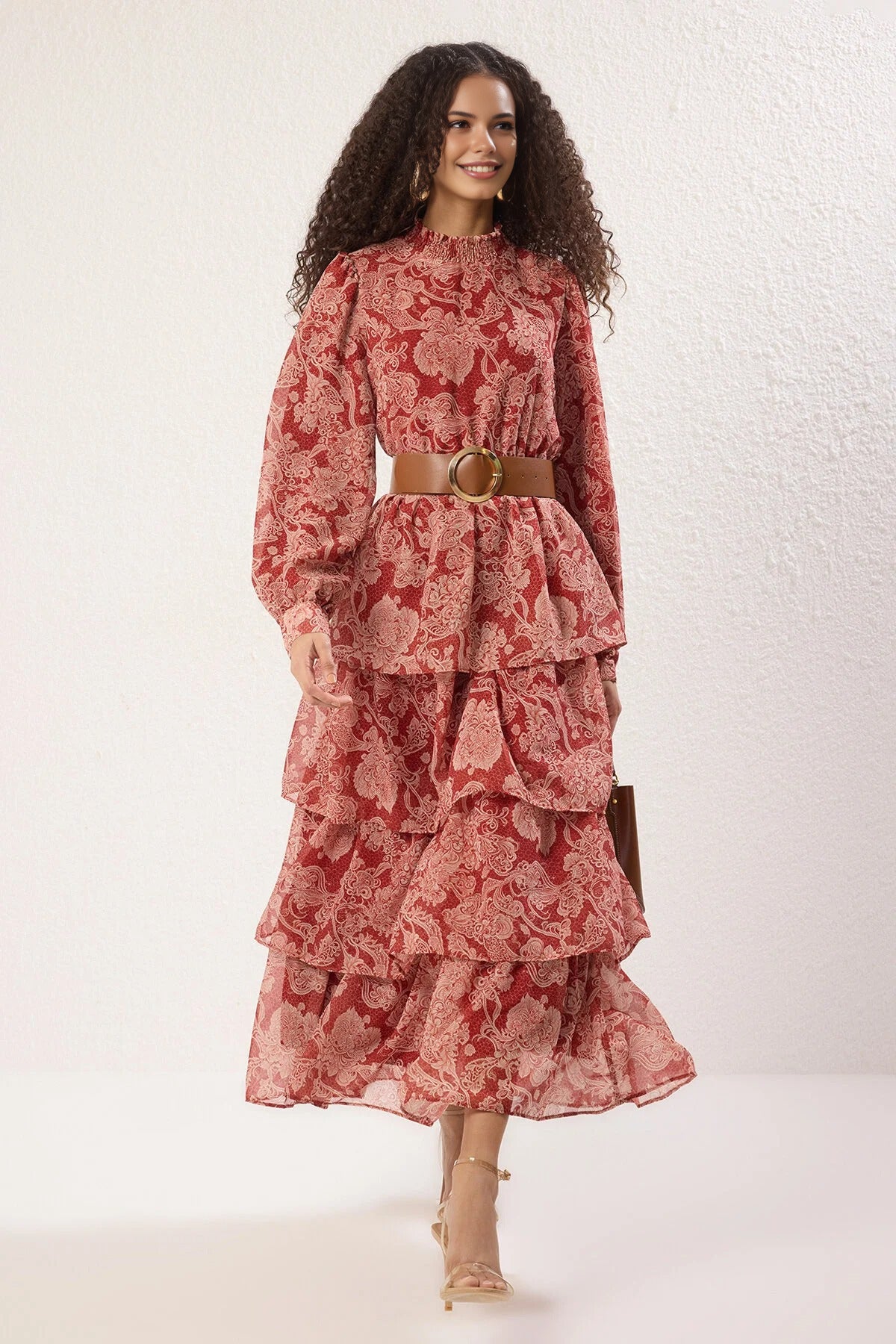 Stand Collar Patterned Lined Chiffon Woven Dress with Belt
