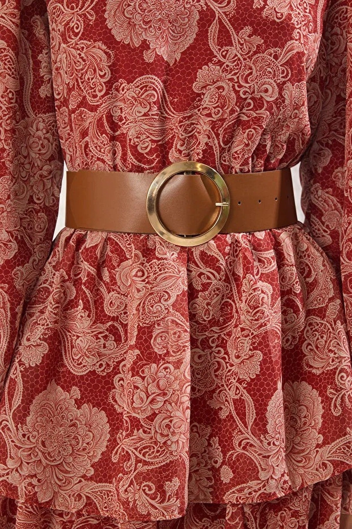 Stand Collar Patterned Lined Chiffon Woven Dress with Belt