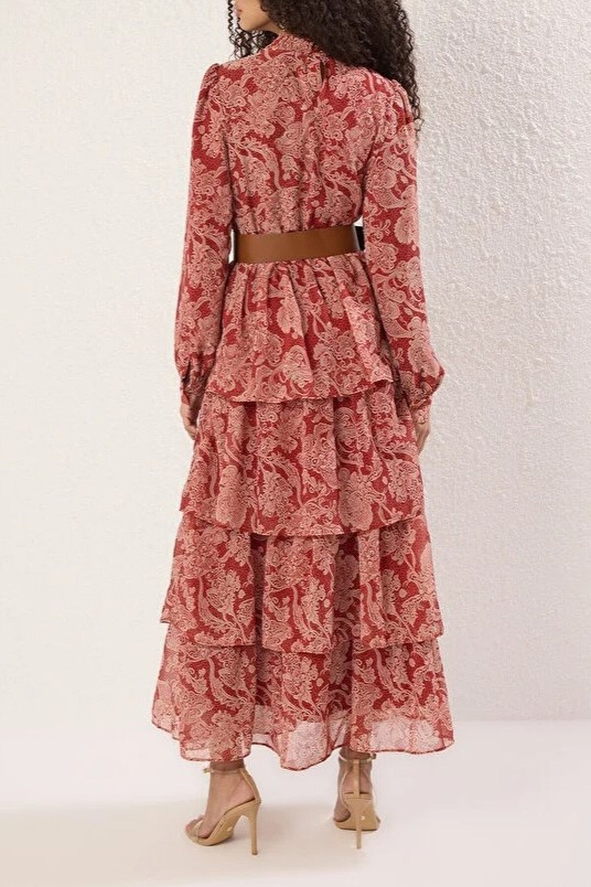 Stand Collar Patterned Lined Chiffon Woven Dress with Belt