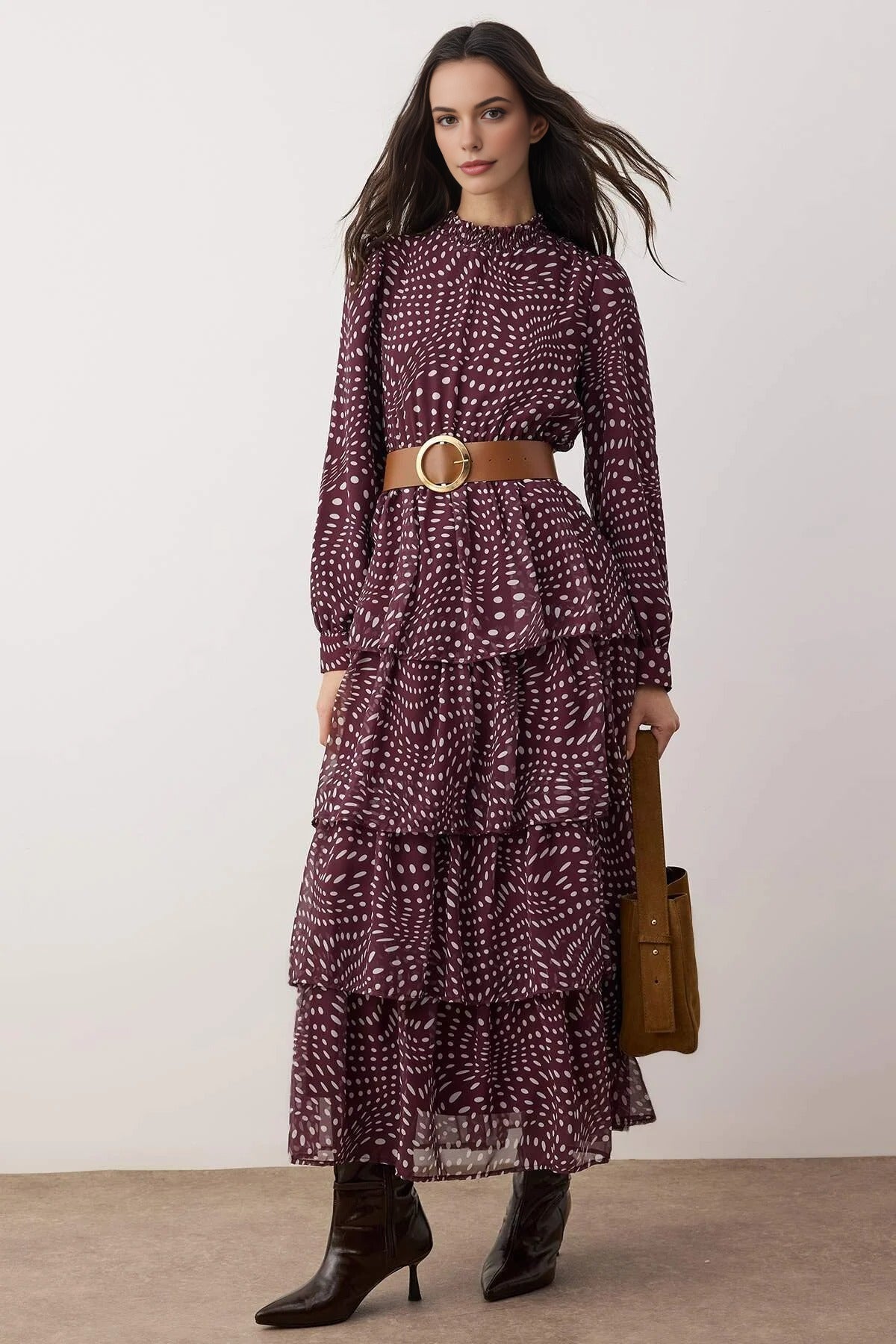 Stand Collar Patterned Lined Chiffon Woven Dress with Belt