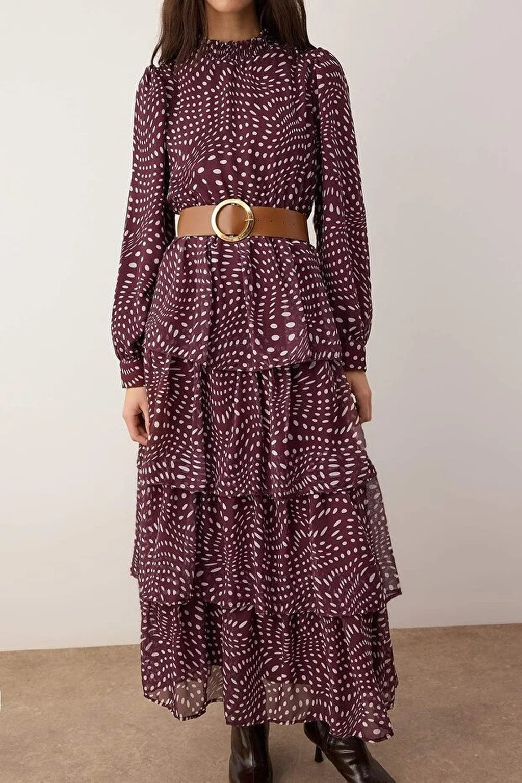 Stand Collar Patterned Lined Chiffon Woven Dress with Belt
