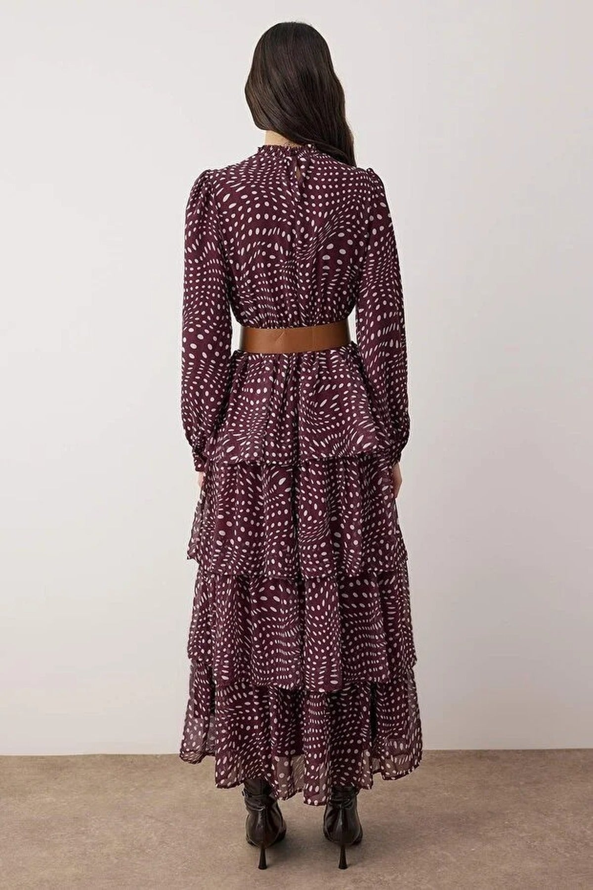 Stand Collar Patterned Lined Chiffon Woven Dress with Belt