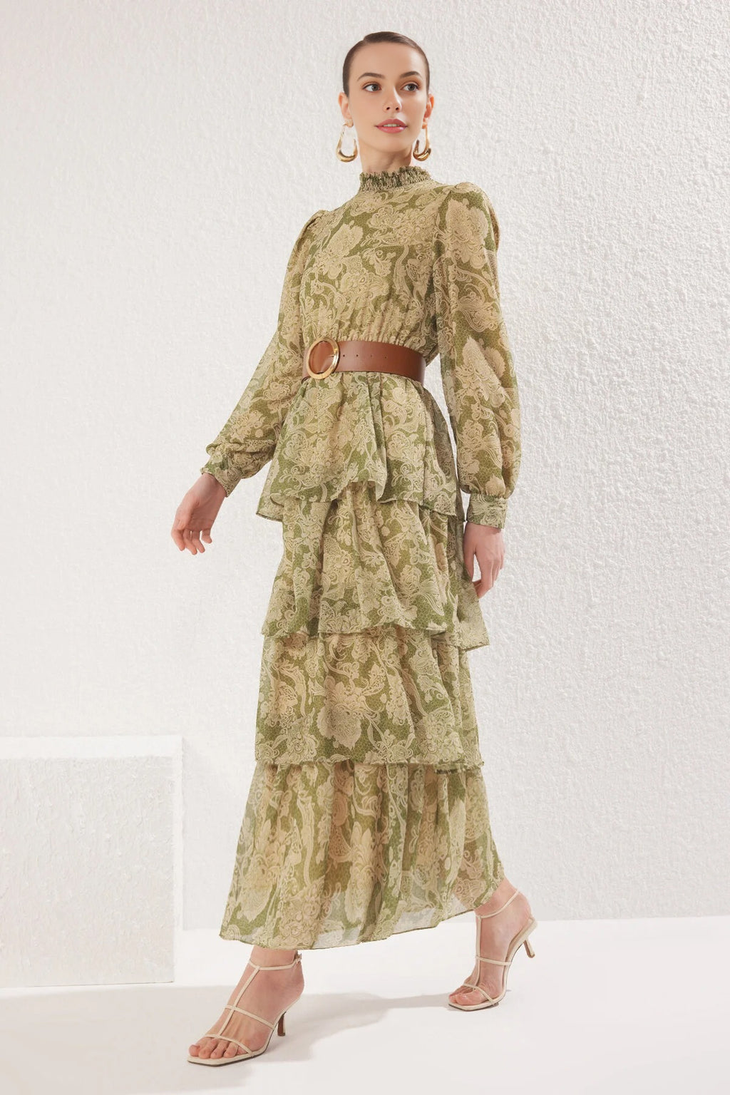 Stand Collar Patterned Lined Chiffon Woven Dress with Belt