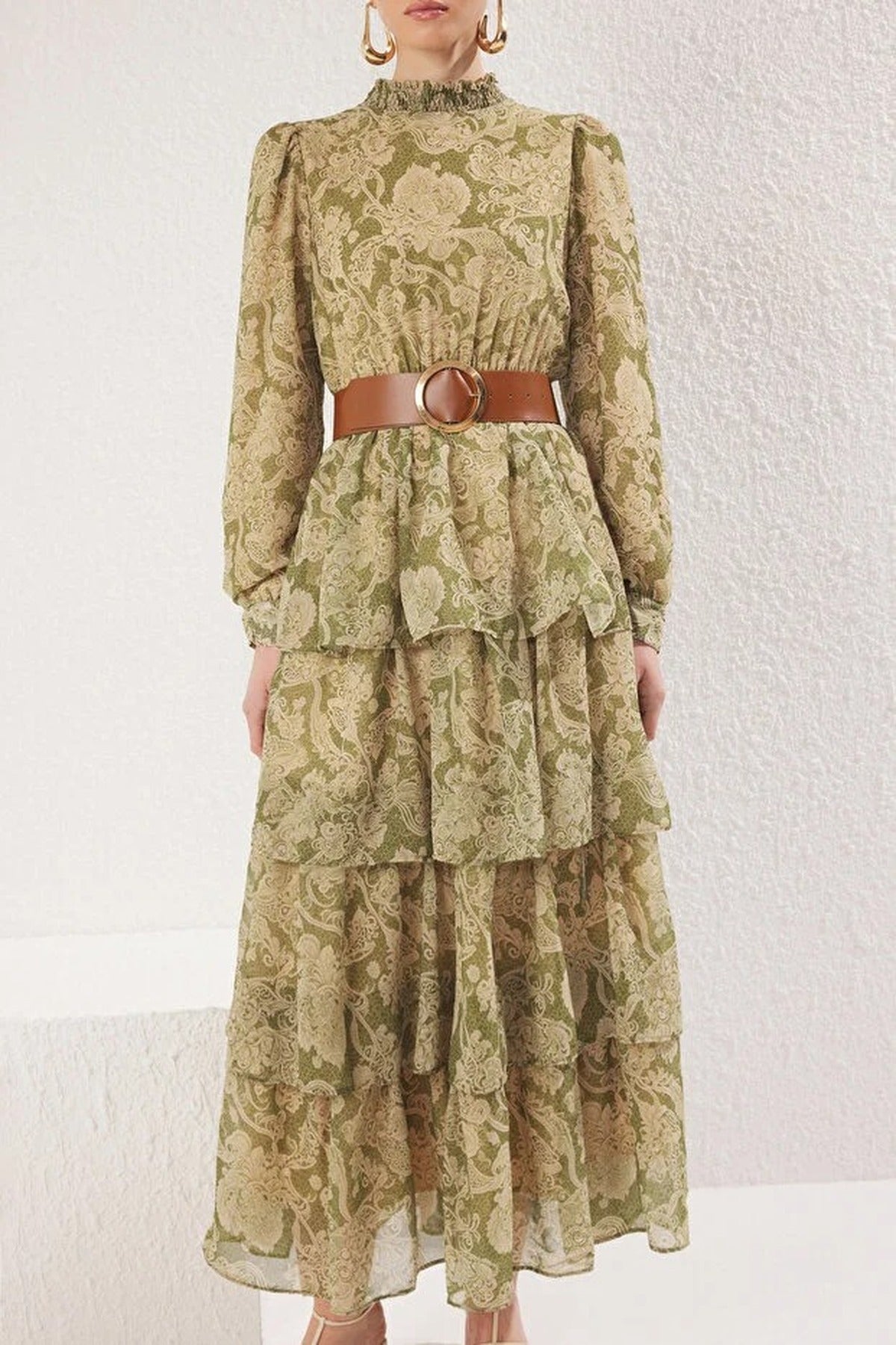 Stand Collar Patterned Lined Chiffon Woven Dress with Belt