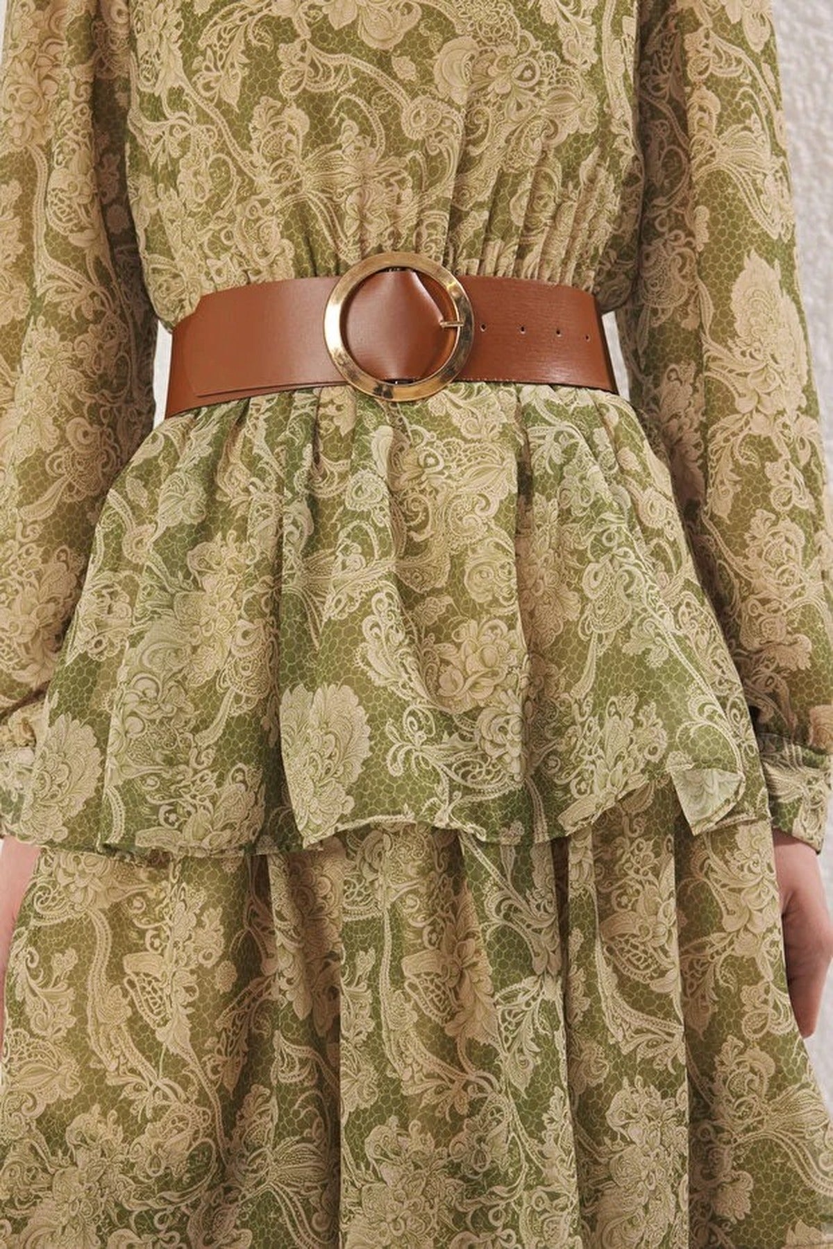 Stand Collar Patterned Lined Chiffon Woven Dress with Belt