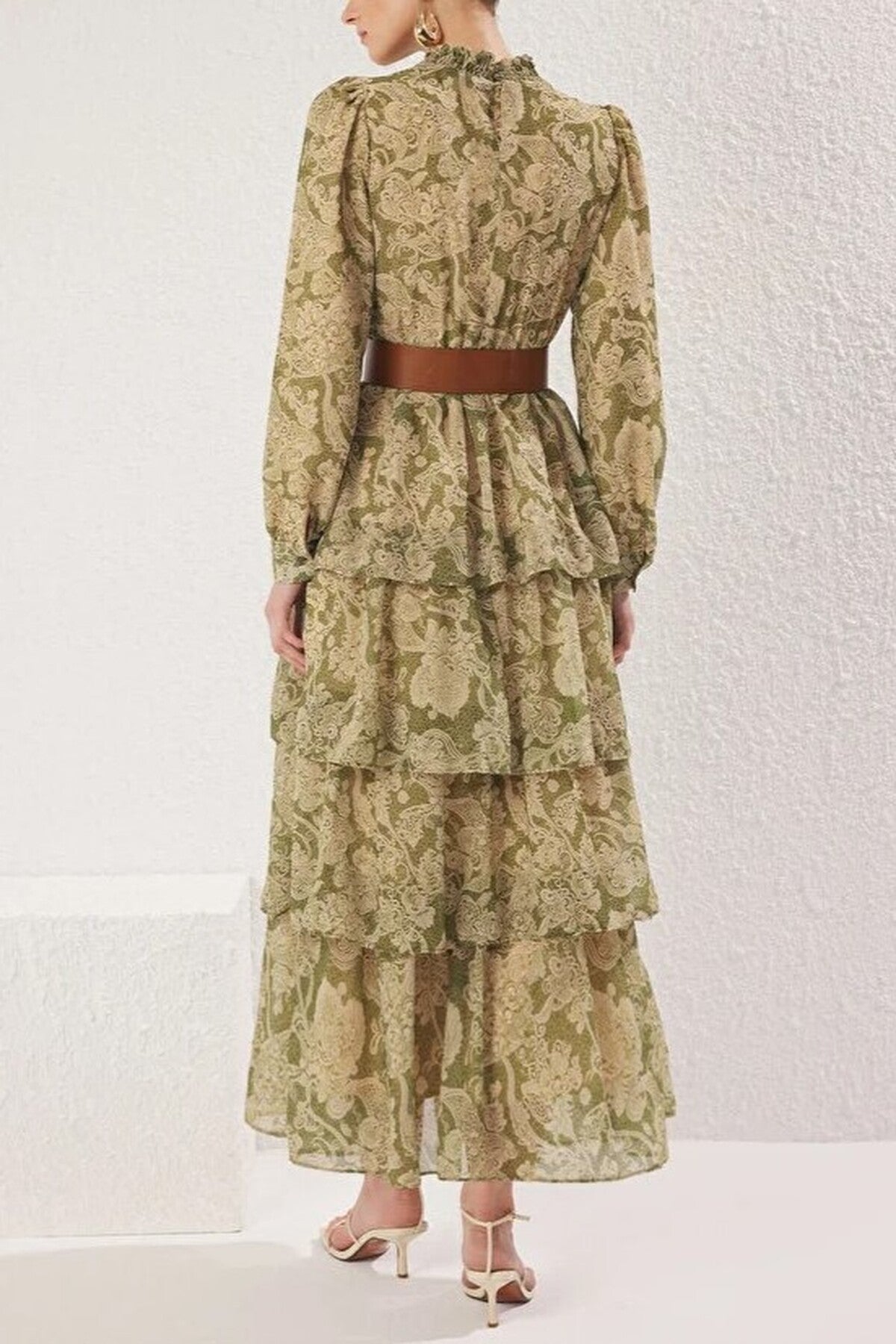 Stand Collar Patterned Lined Chiffon Woven Dress with Belt