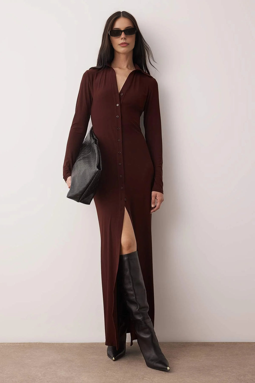 Polo Collar Buttoned Bodycon Maxi Knit Shirt Dress