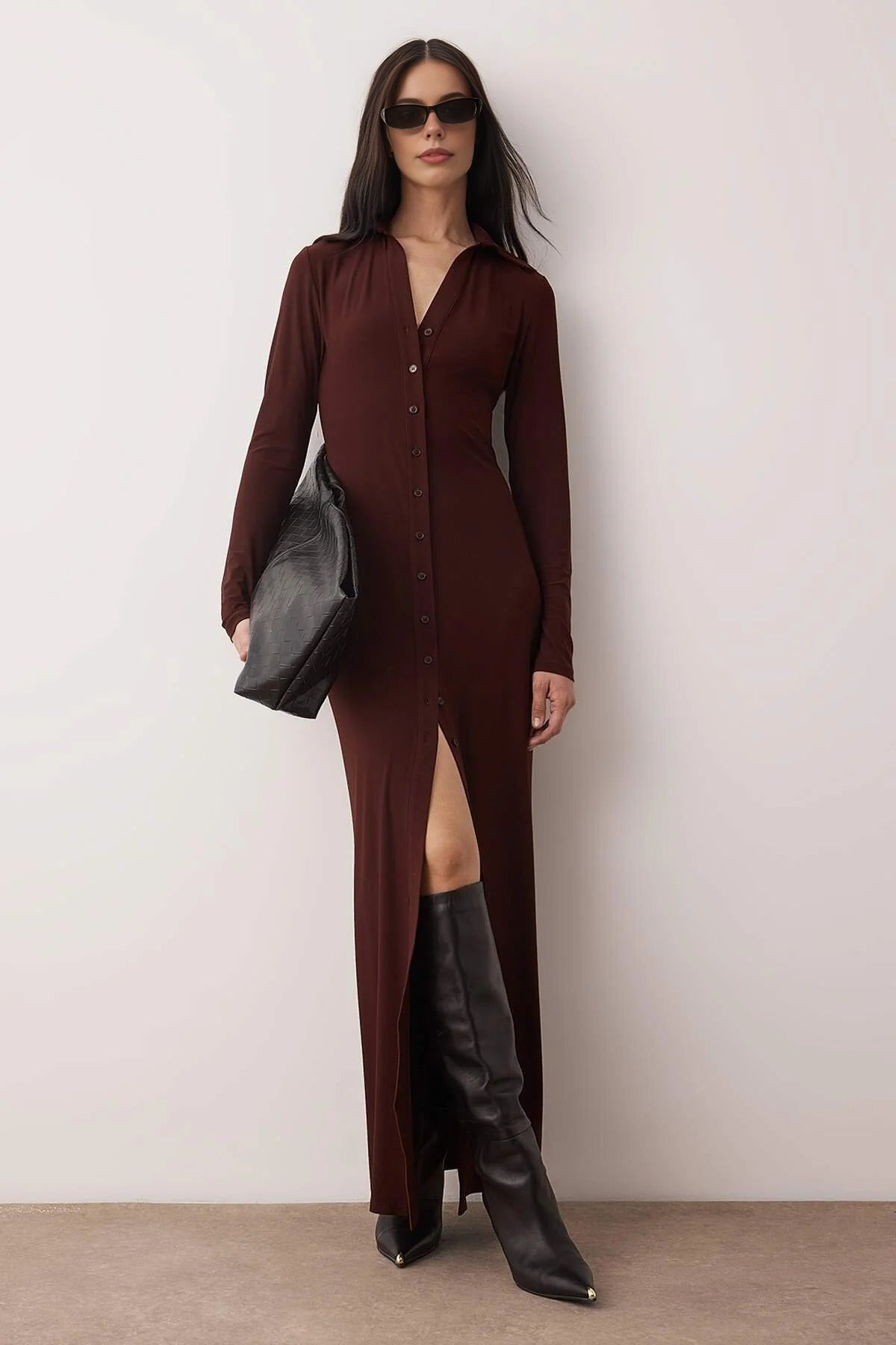Polo Collar Buttoned Bodycon Maxi Knit Shirt Dress