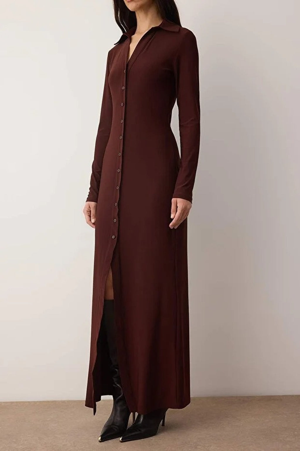 Polo Collar Buttoned Bodycon Maxi Knit Shirt Dress