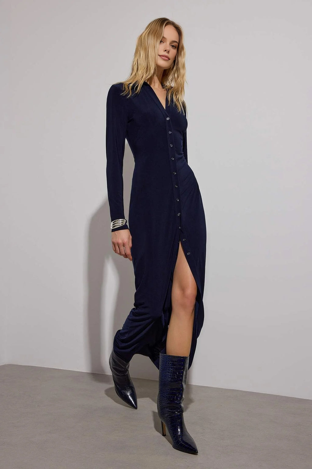 Polo Collar Buttoned Bodycon Maxi Knit Shirt Dress