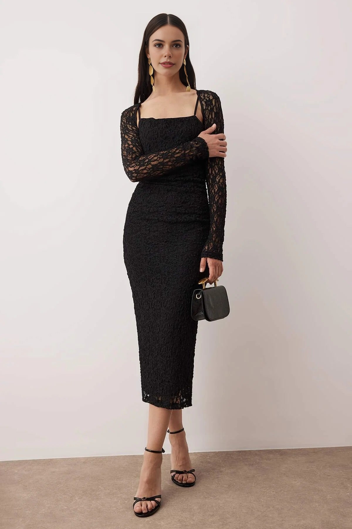 Elegant Lace Knit Midi Evening Dress with Bolero Detail