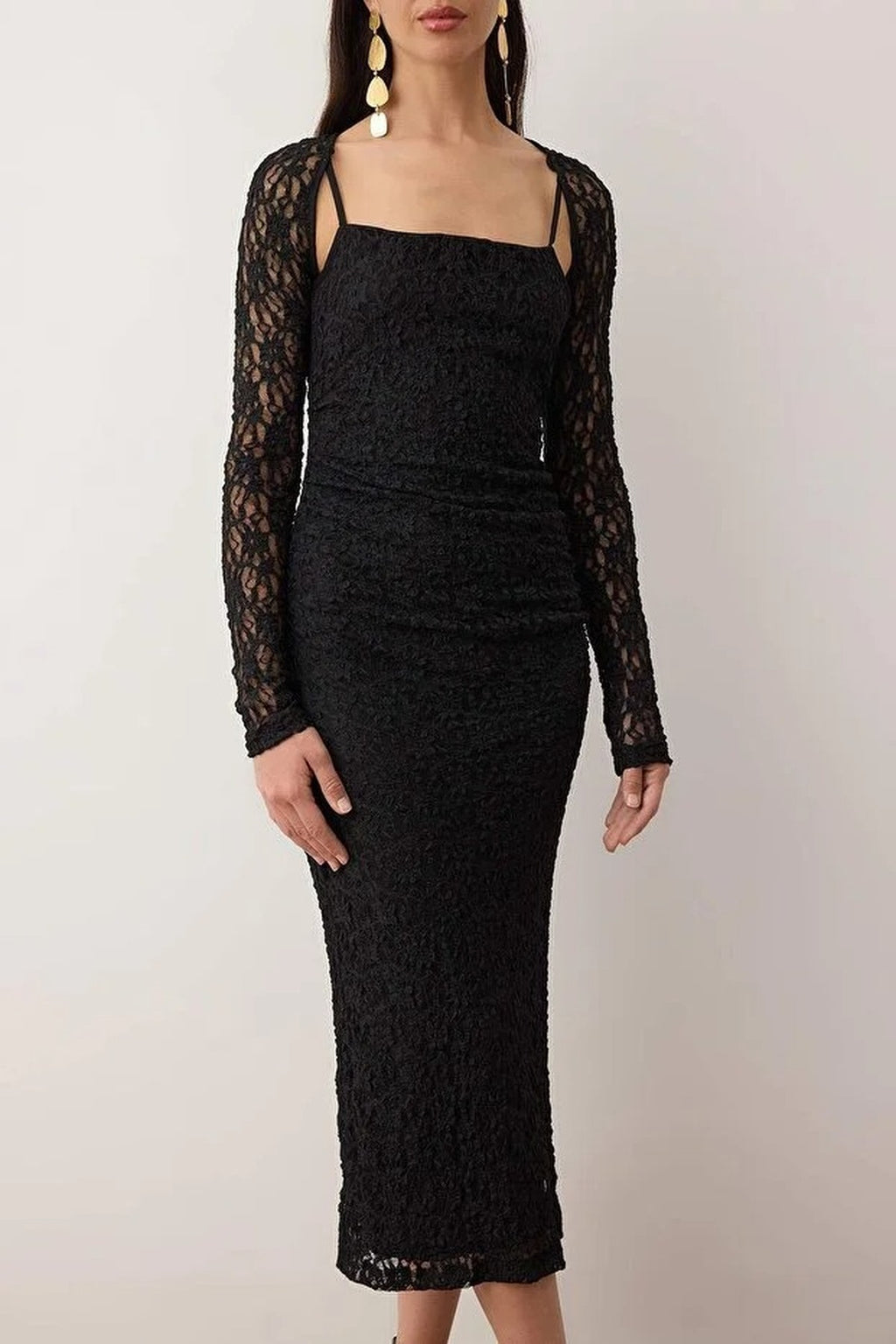 Elegant Lace Knit Midi Evening Dress with Bolero Detail