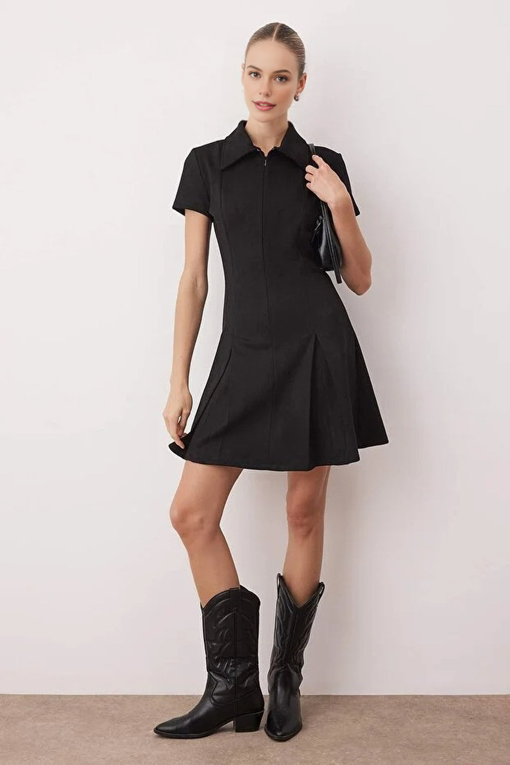 Suede Polo Collar Zippered A-line Knit Dress