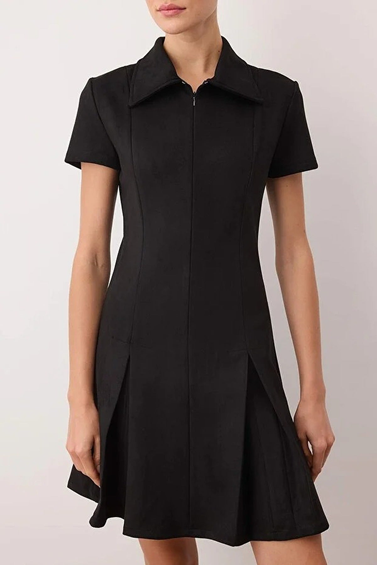 Suede Polo Collar Zippered A-line Knit Dress