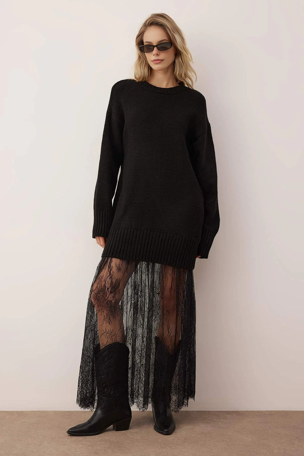 Crew Neck Lace Skirt Maxi Knit Dress