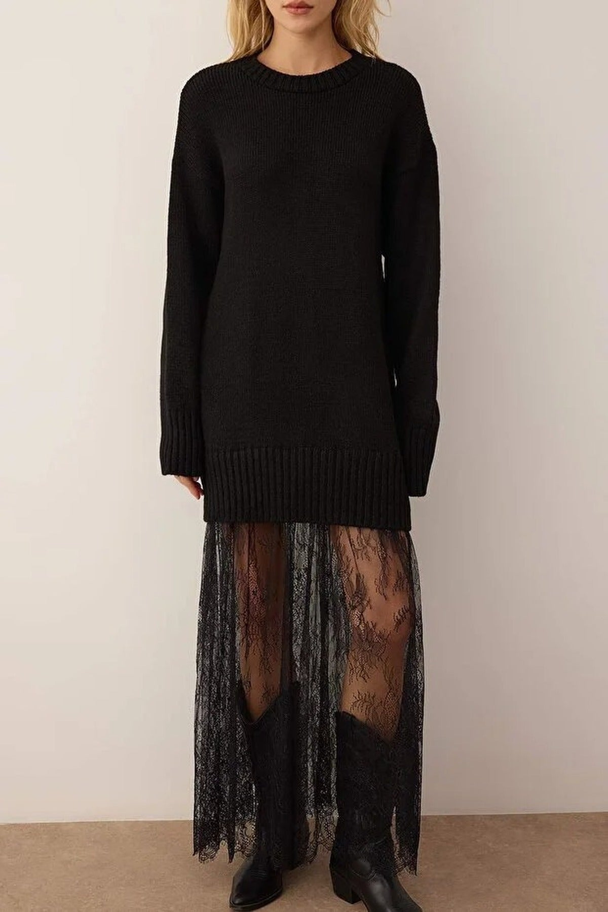 Crew Neck Lace Skirt Maxi Knit Dress