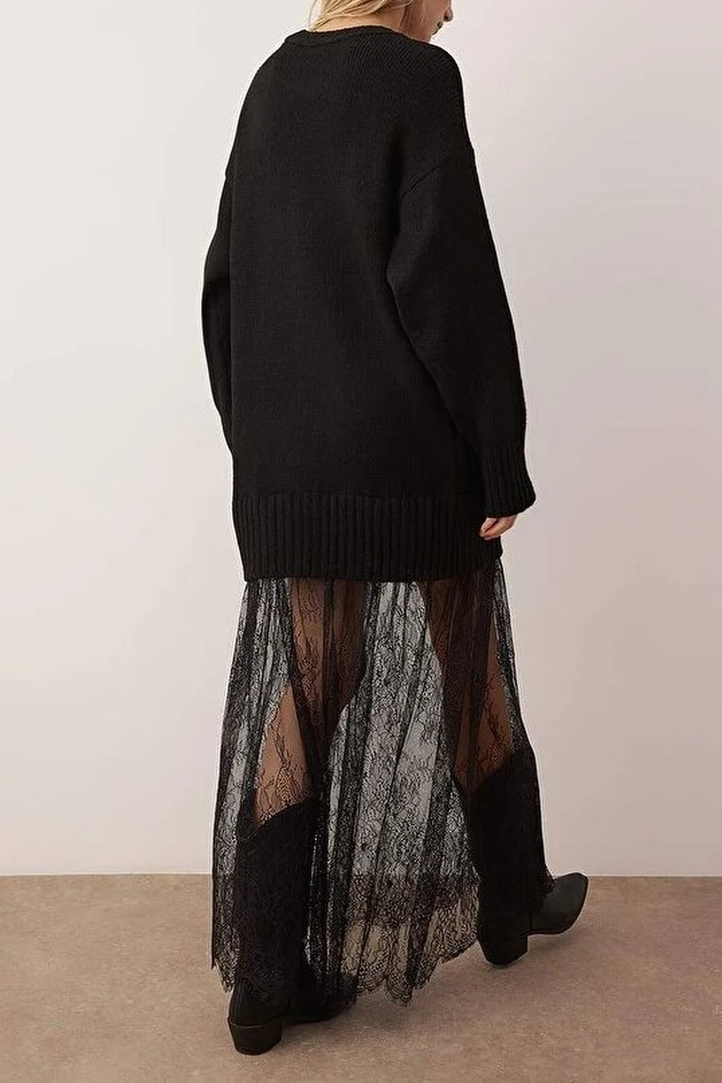 Crew Neck Lace Skirt Maxi Knit Dress