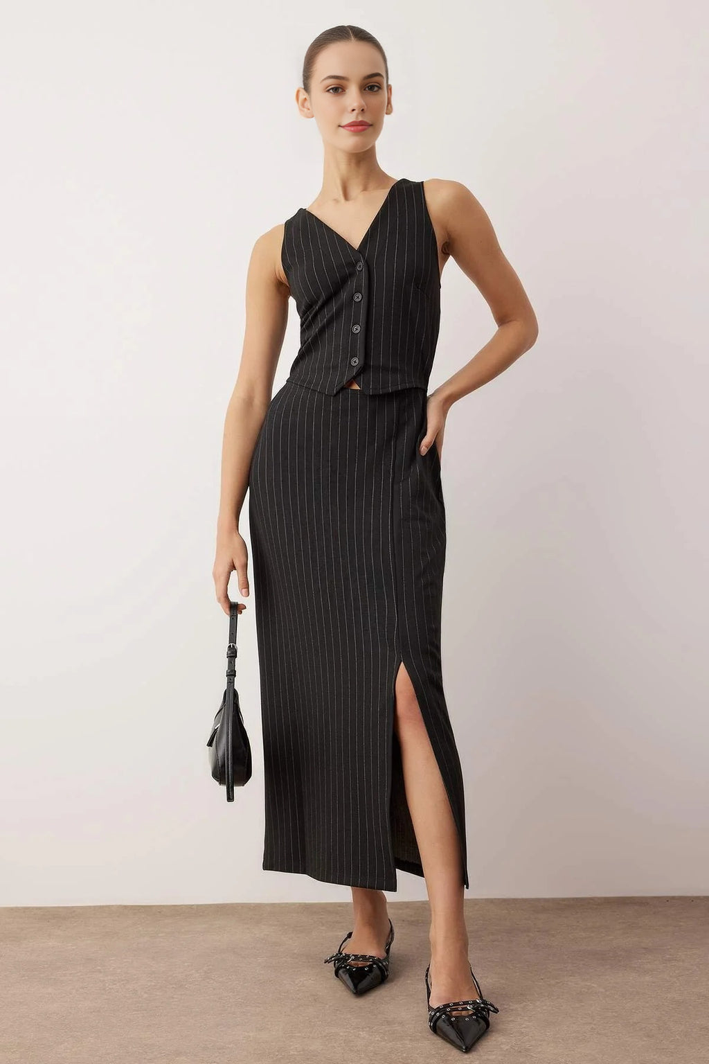 Striped V-Neck Fitted Midi Knit Dress with Button Detail