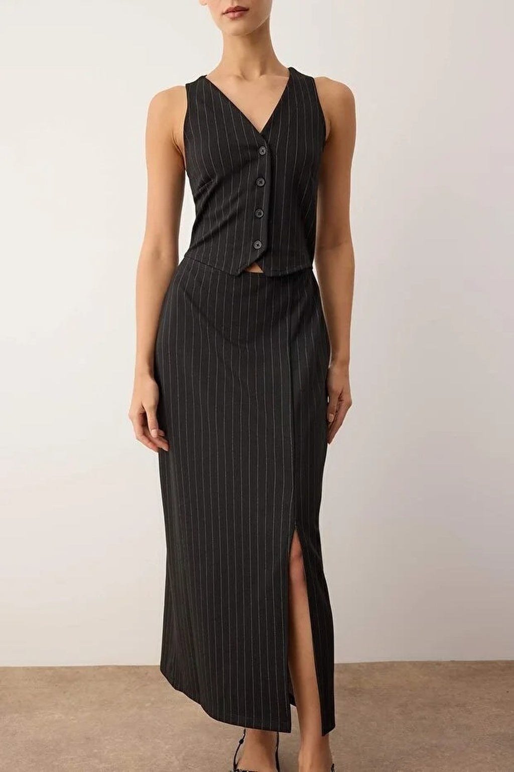 Striped V-Neck Fitted Midi Knit Dress with Button Detail