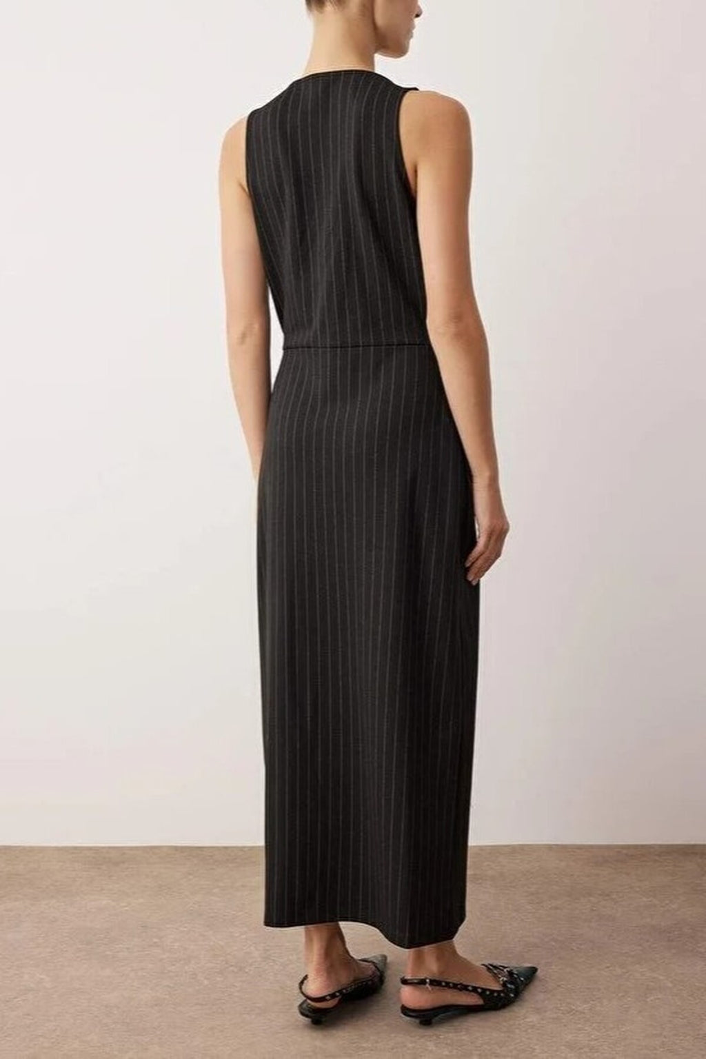 Striped V-Neck Fitted Midi Knit Dress with Button Detail