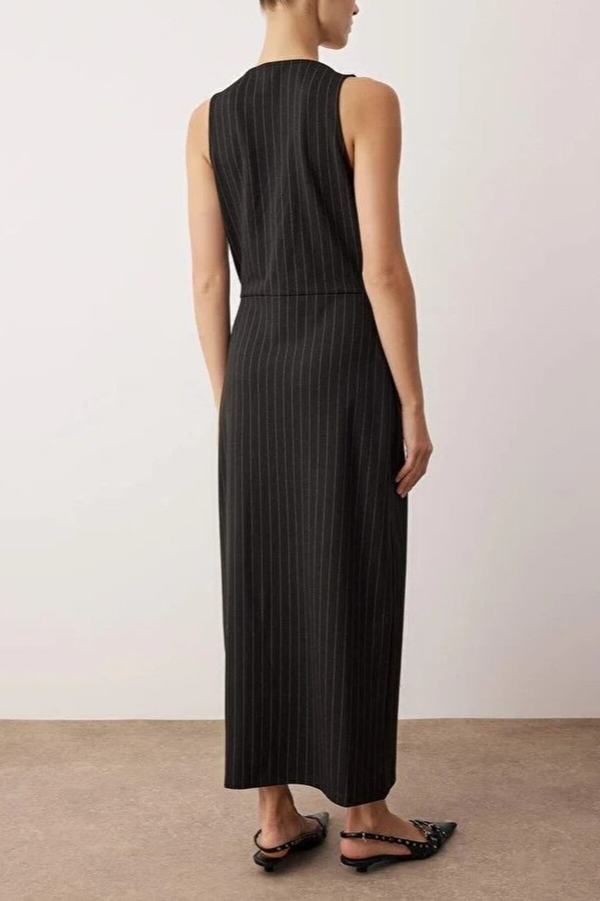 Striped V-Neck Fitted Midi Knit Dress with Button Detail