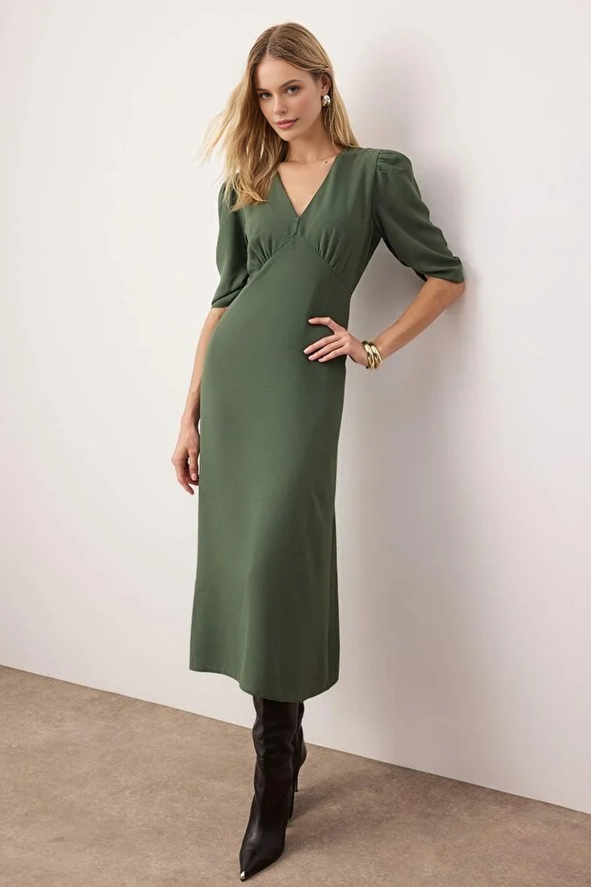 A-Line Midi Woven Dress with Gathered Sleeves