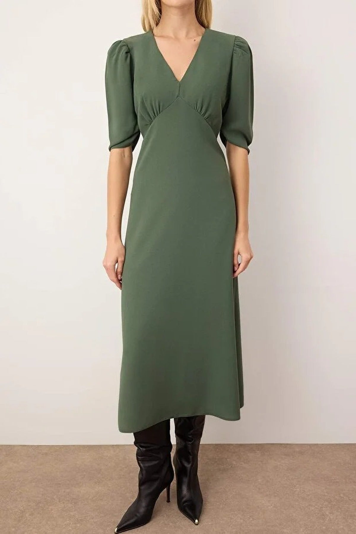 A-Line Midi Woven Dress with Gathered Sleeves
