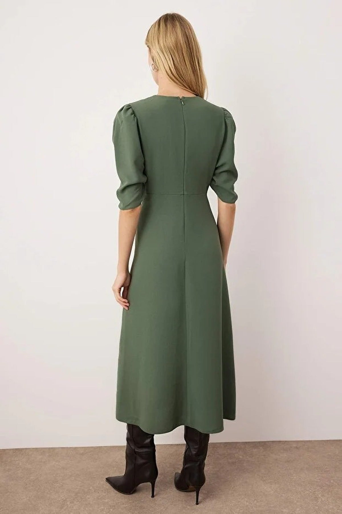 A-Line Midi Woven Dress with Gathered Sleeves