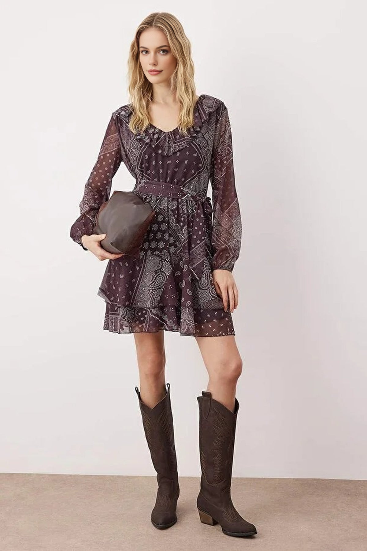 Boho Printed Mini Tulle Stretch Knit Dress with Ruffle Detail