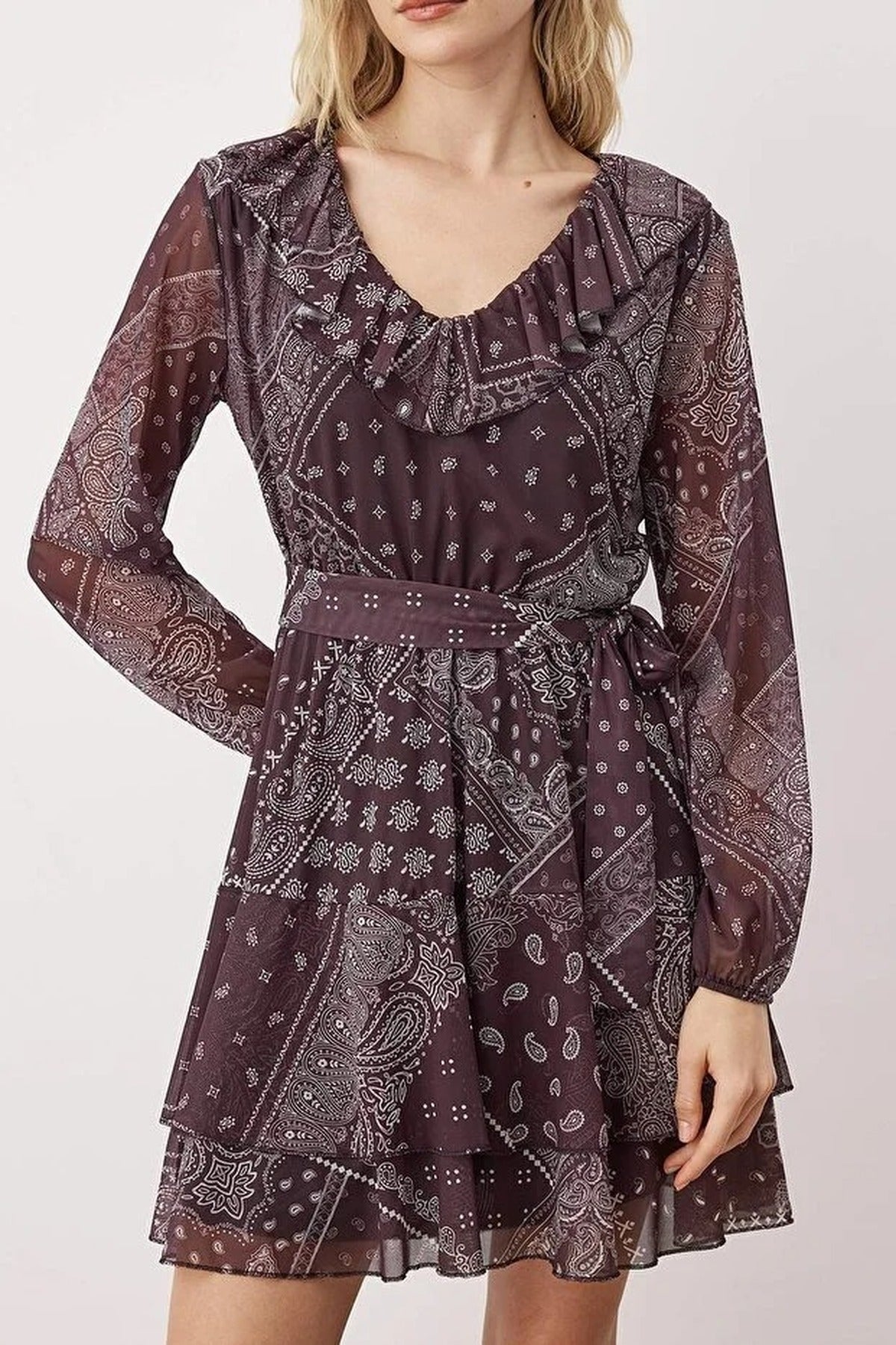 Boho Printed Mini Tulle Stretch Knit Dress with Ruffle Detail