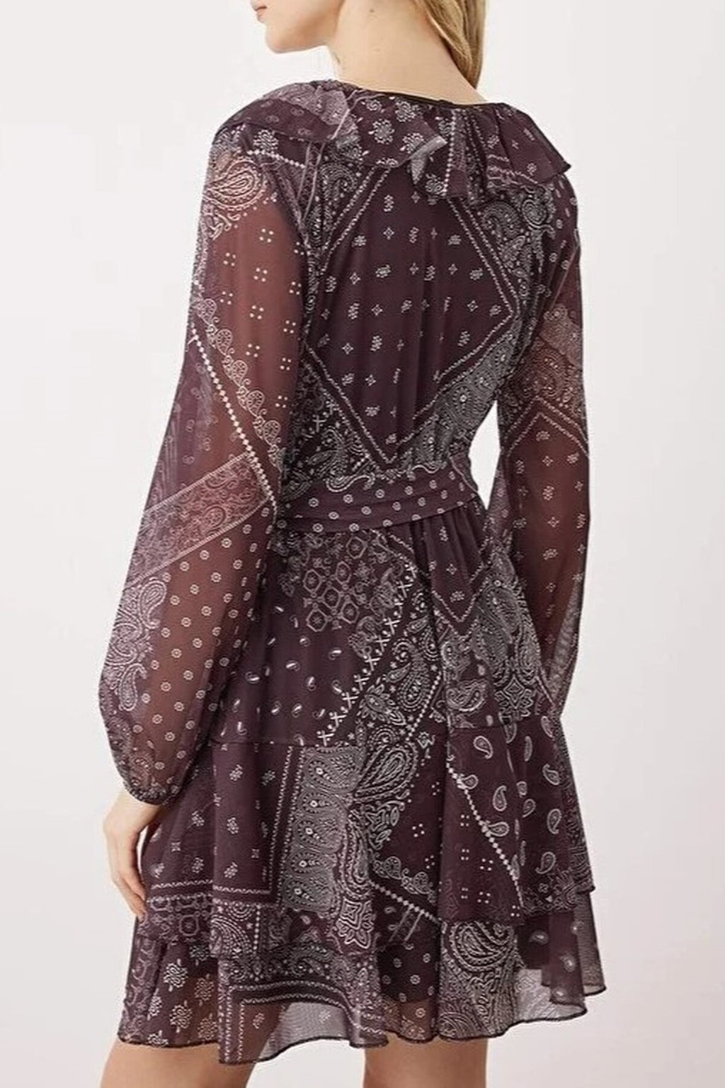 Boho Printed Mini Tulle Stretch Knit Dress with Ruffle Detail