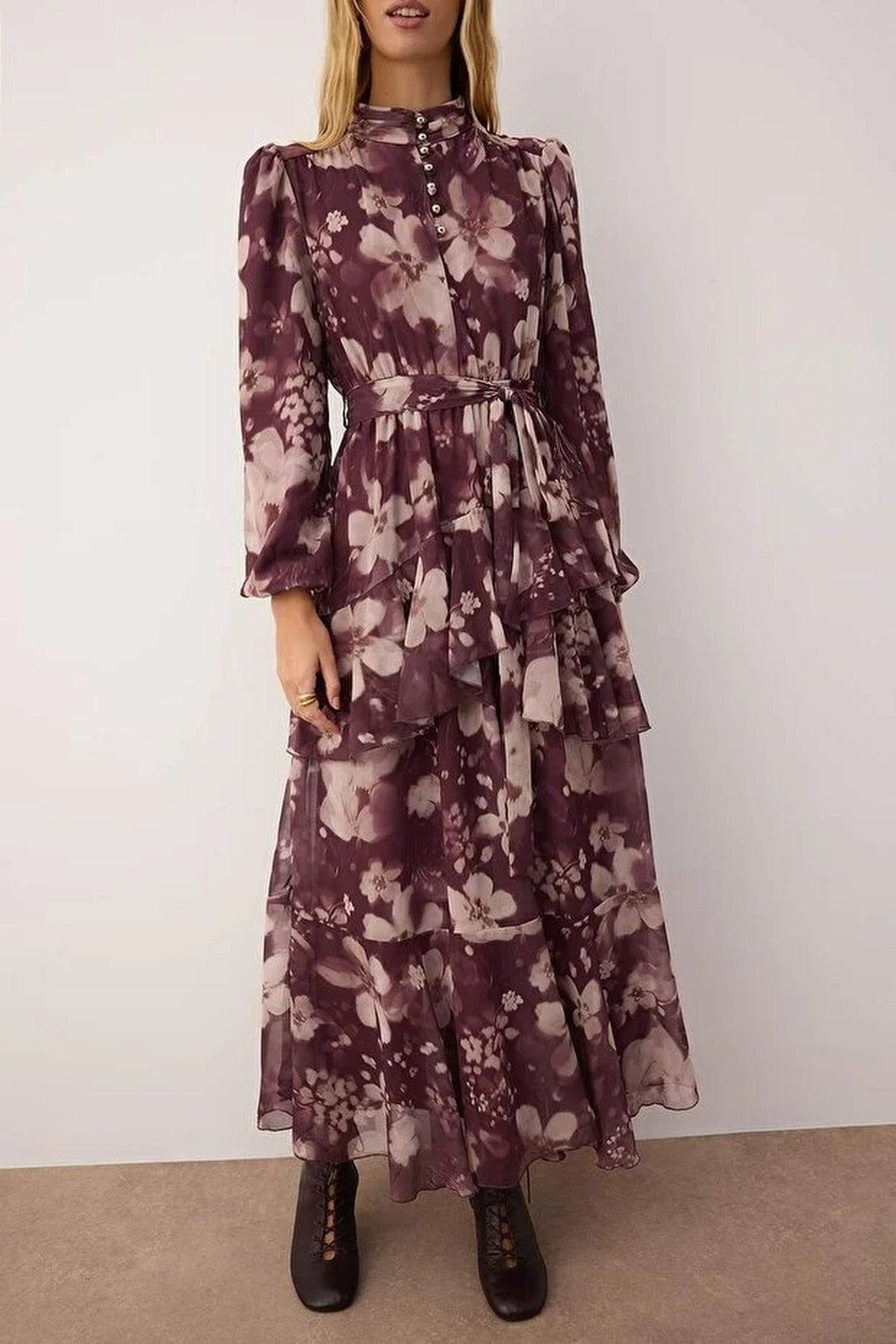 Floral Woven Chiffon Dress with Button Detail
