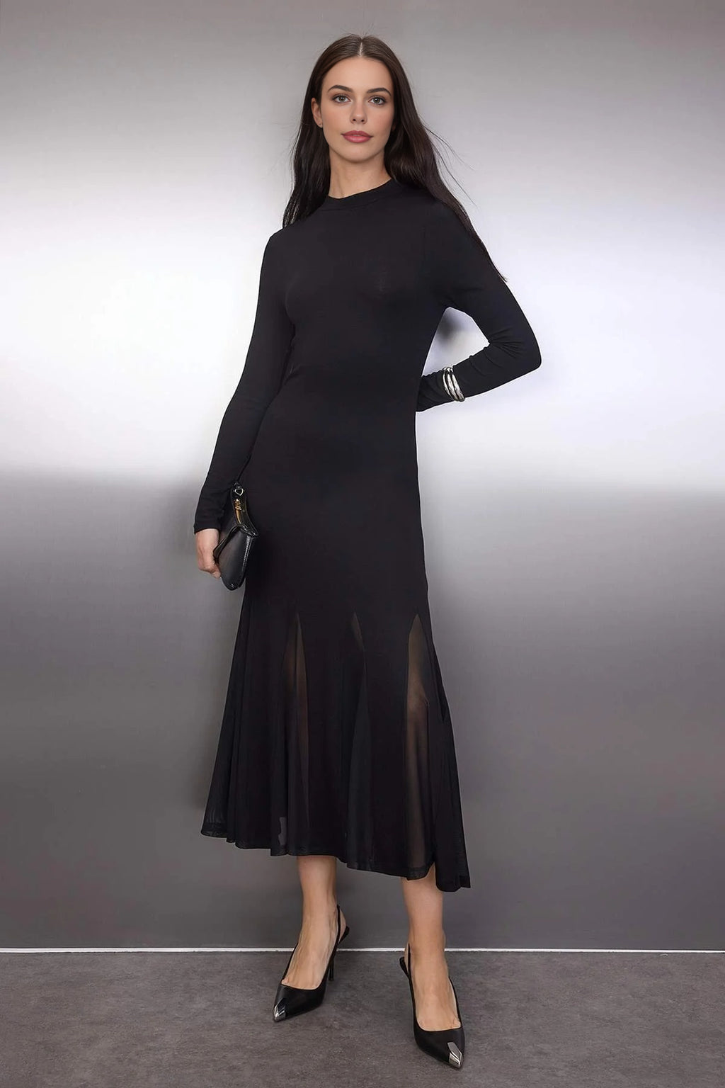 Ruffled Long Sleeve Maxi Stretch Knit Dress