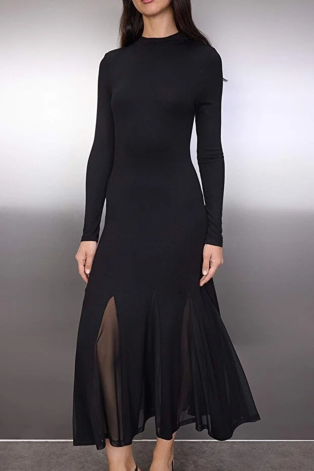Ruffled Long Sleeve Maxi Stretch Knit Dress