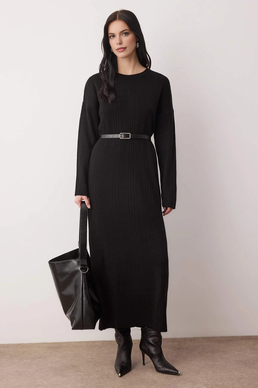 Belted Knit Ribbed Dress