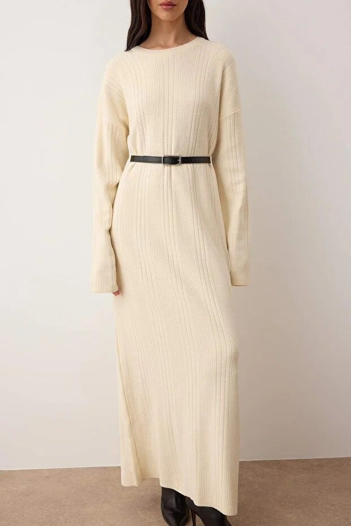 Belted Knit Ribbed Dress