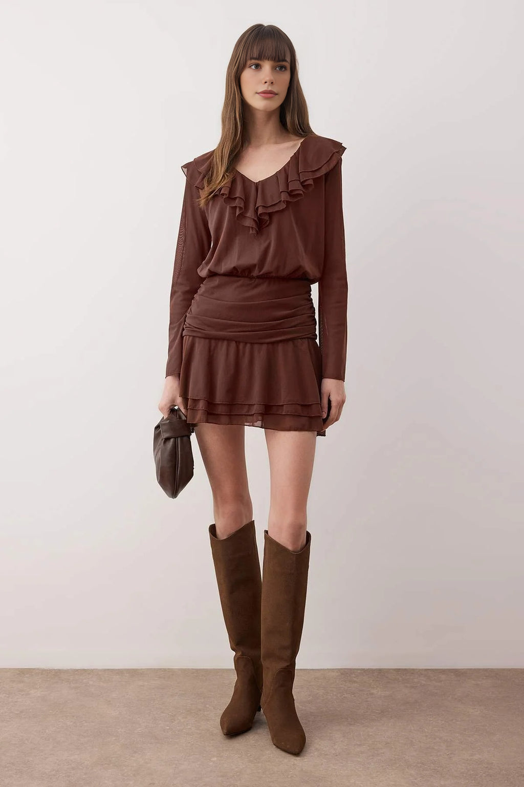 Ruffle Fitted Mini Stretch Knit Dress