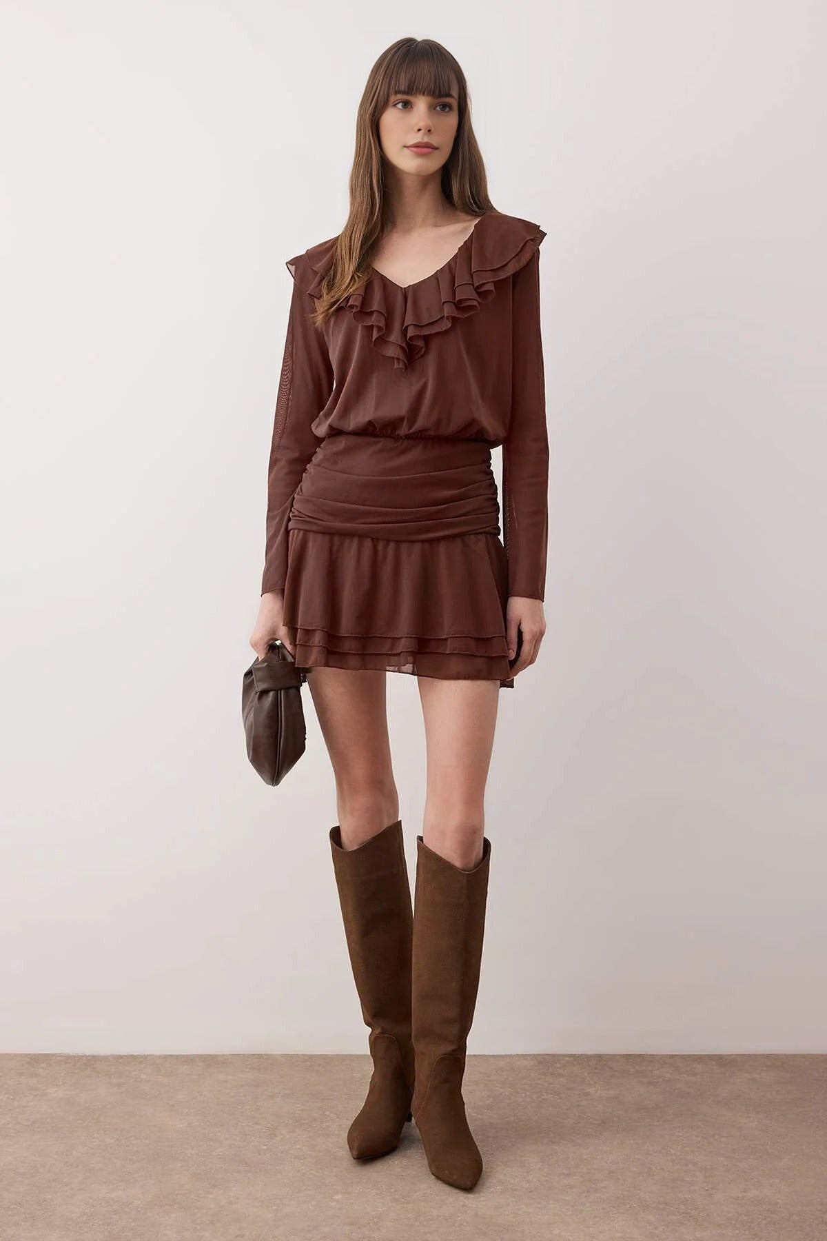 Ruffle Fitted Mini Stretch Knit Dress