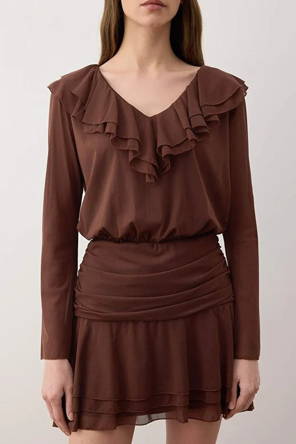 Ruffle Fitted Mini Stretch Knit Dress