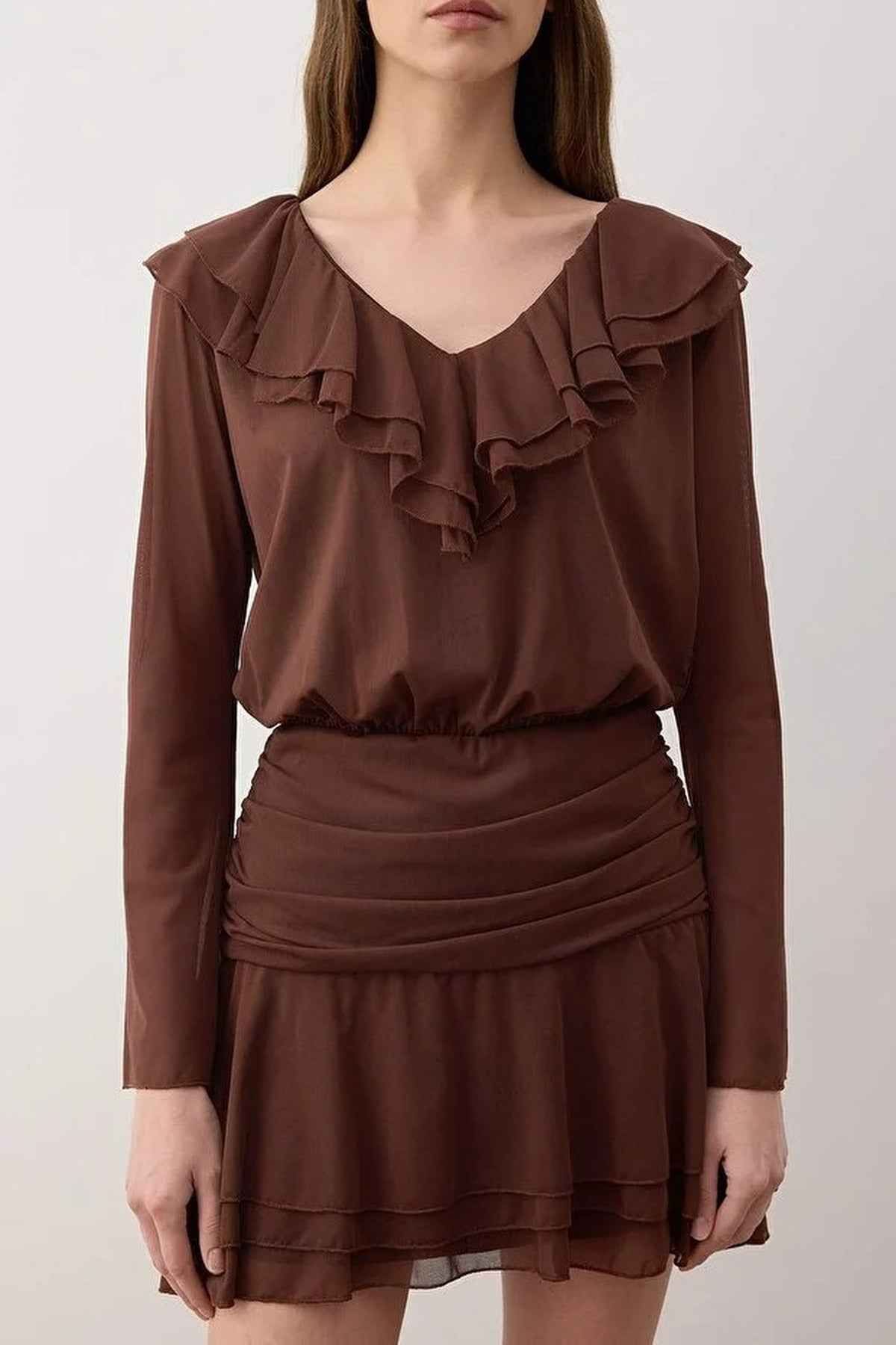 Ruffle Fitted Mini Stretch Knit Dress