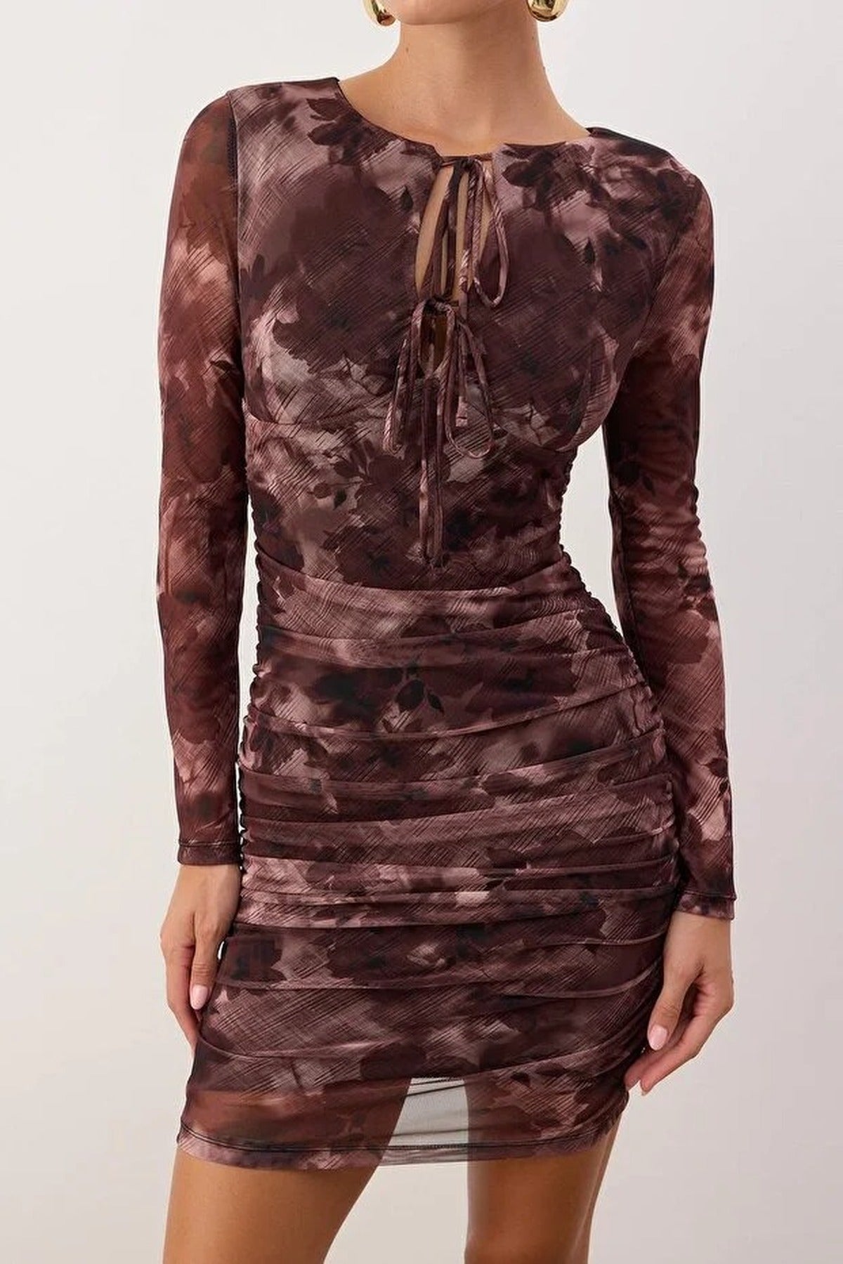 Floral Patterned Knit Tulle Mini Lined Evening Dress with Tie Detail