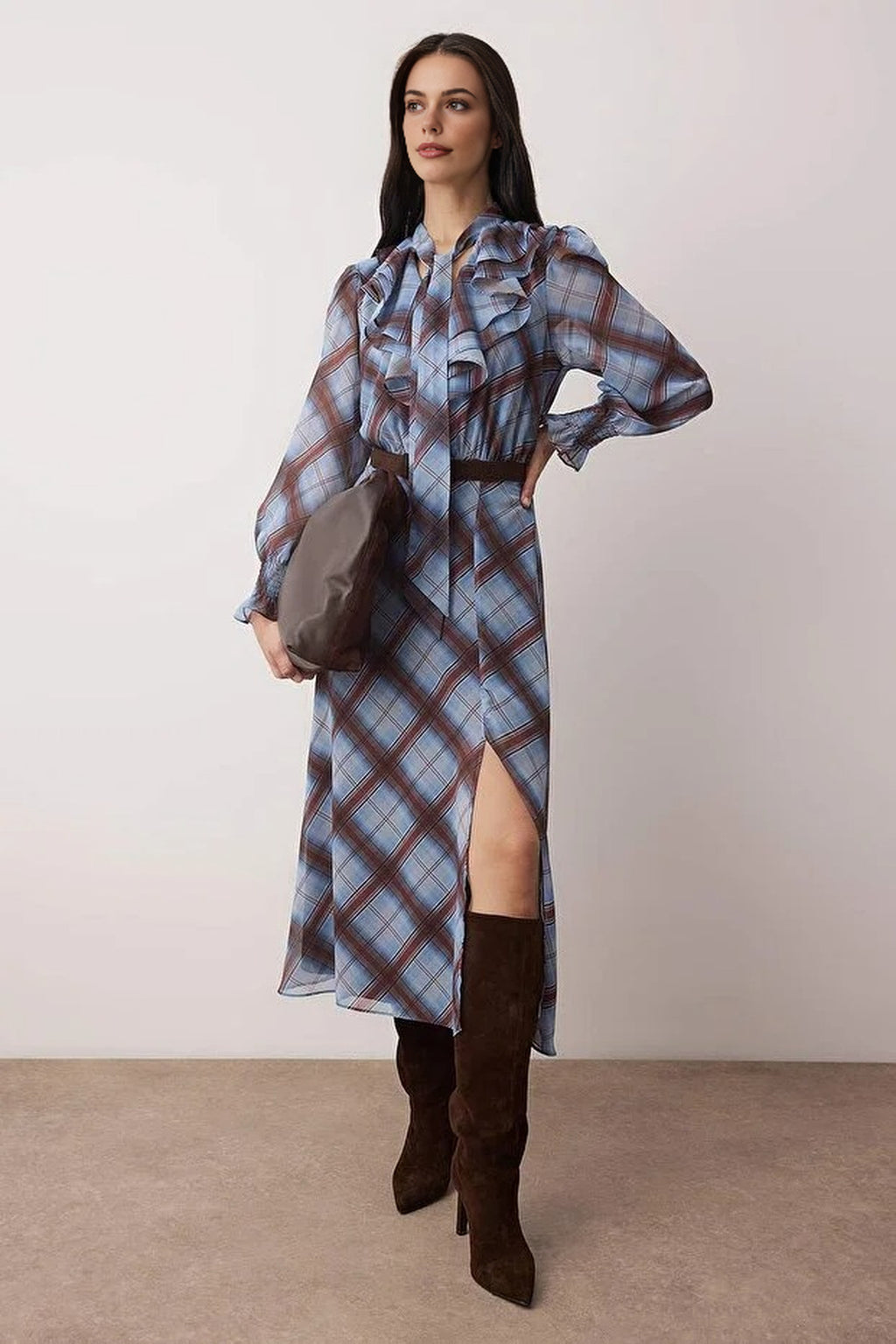 Argyle Lined Woven Dress with Tie Detail
