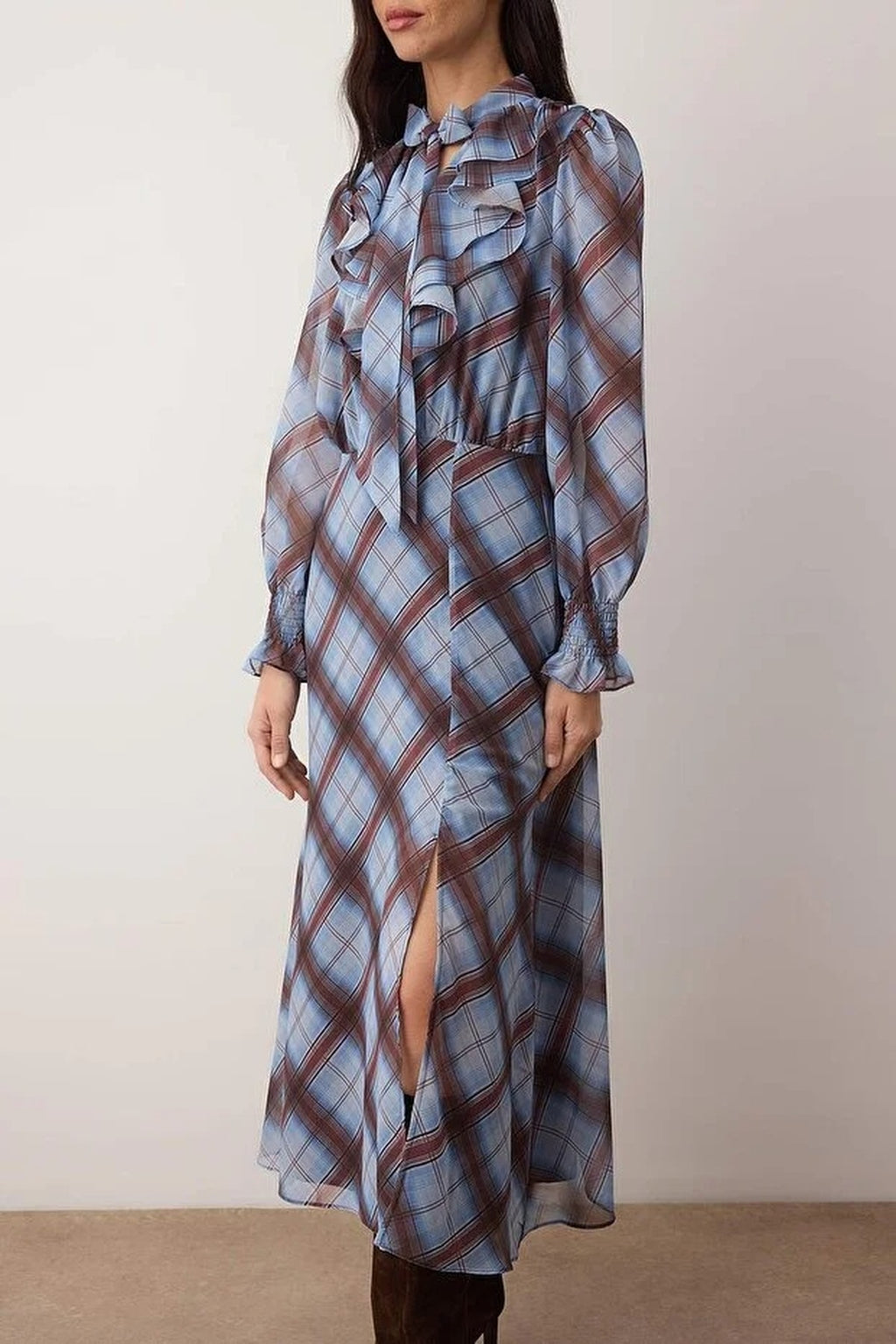 Argyle Lined Woven Dress with Tie Detail