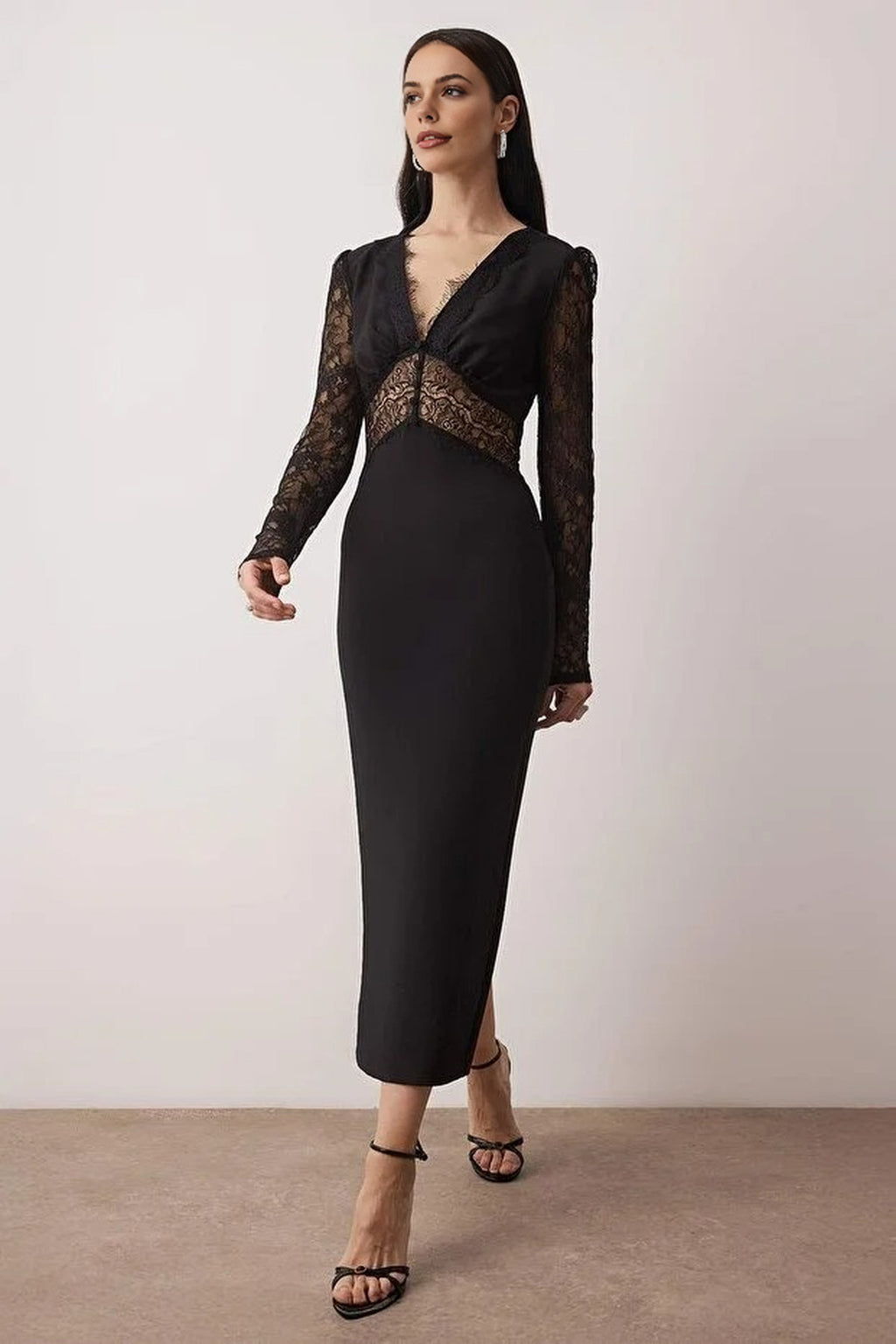 Lace Detailed Woven Finike Midi Unlined Evening Dress
